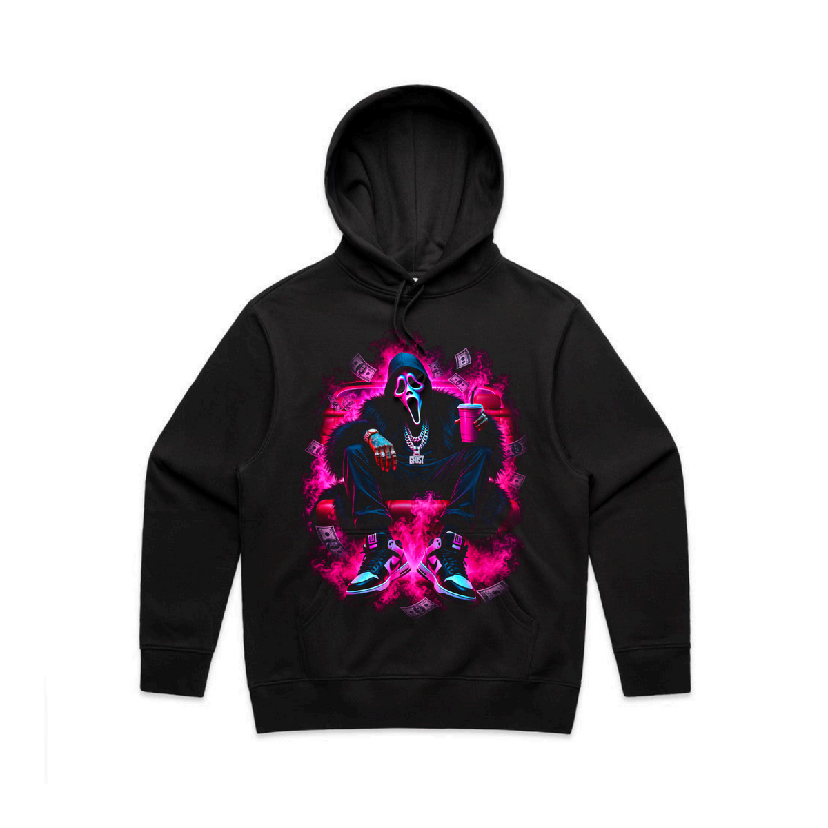 The Daily Dead Ghostface Boss Mode hoodie front graphic