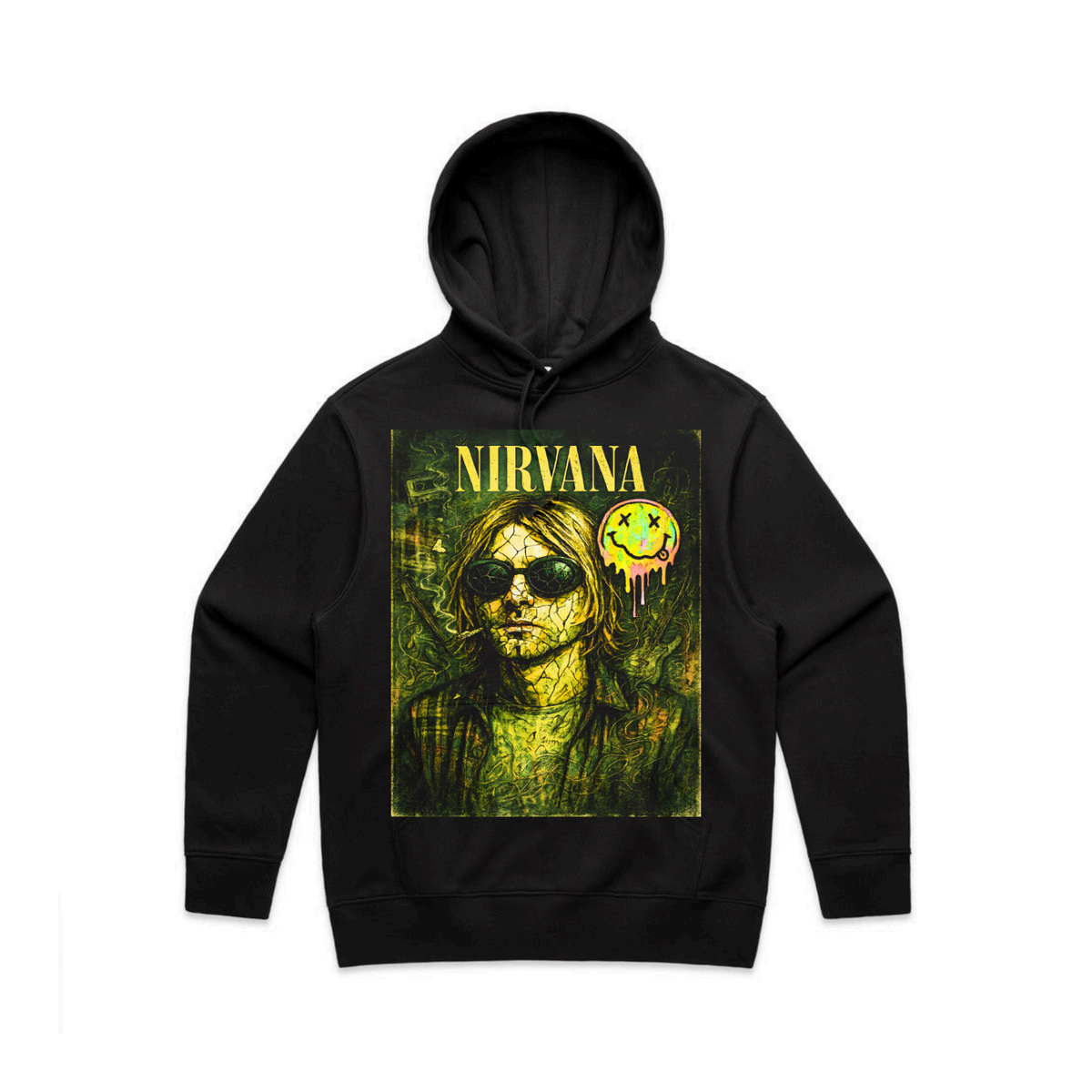 Black Nirvana hoodie with a yellow-green Kurt Cobain portrait and dripping smiley graphic