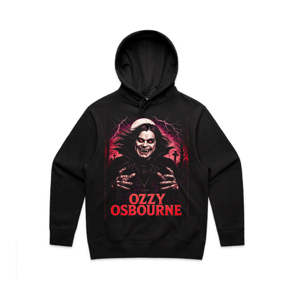 Black Ozzy Osbourne hoodie with a red-eyed portrait, lightning, and graveyard artwork