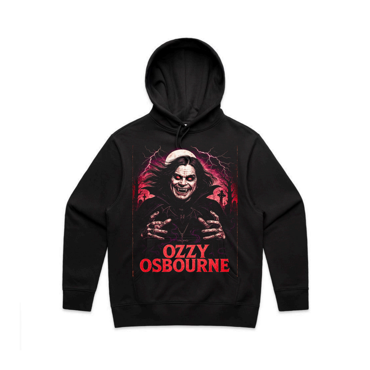 Black Ozzy Osbourne hoodie with a red-eyed portrait, lightning, and graveyard artwork