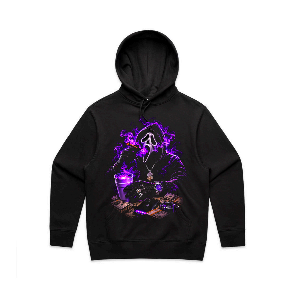 The Daily Dead Ghostface Purple Haze hoodie front graphic