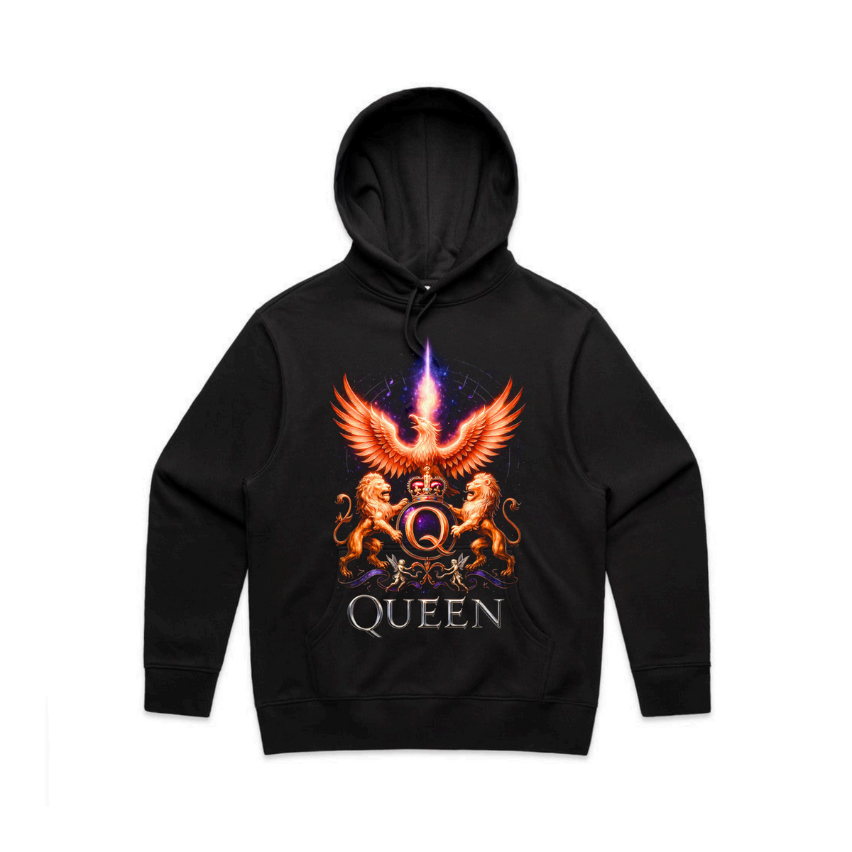 Black Queen hoodie with a fiery phoenix, crowned Q, and two lions