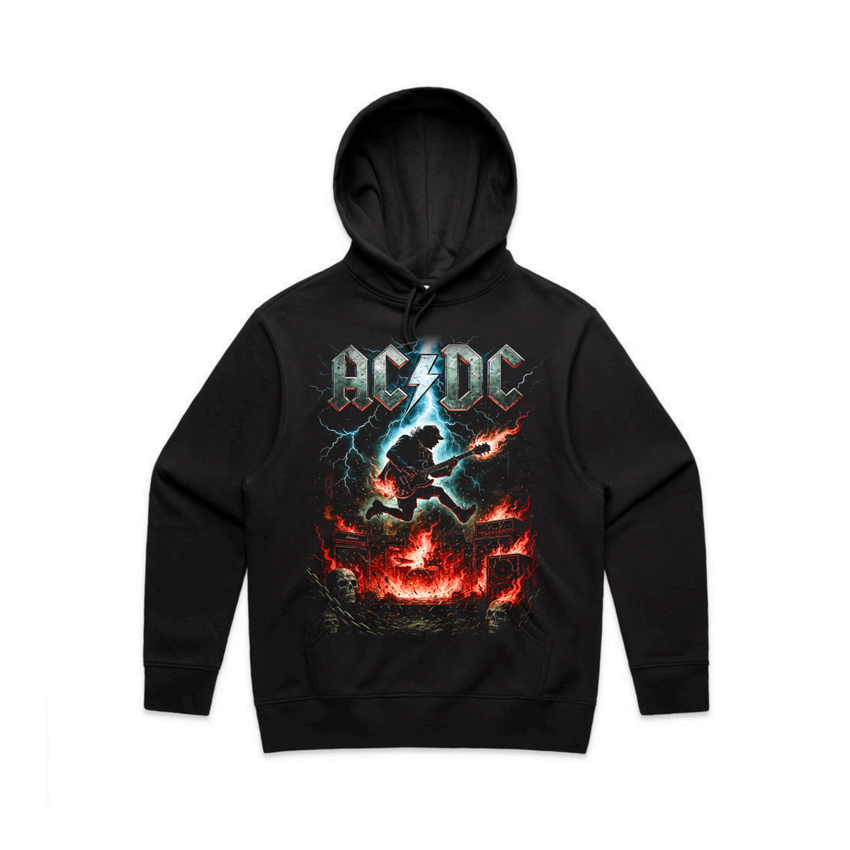 Black AC/DC hoodie with a leaping guitarist, blue lightning, and flames