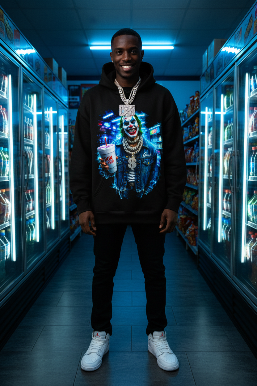 Male model wearing The Daily Dead Joker Why So Dripped hoodie