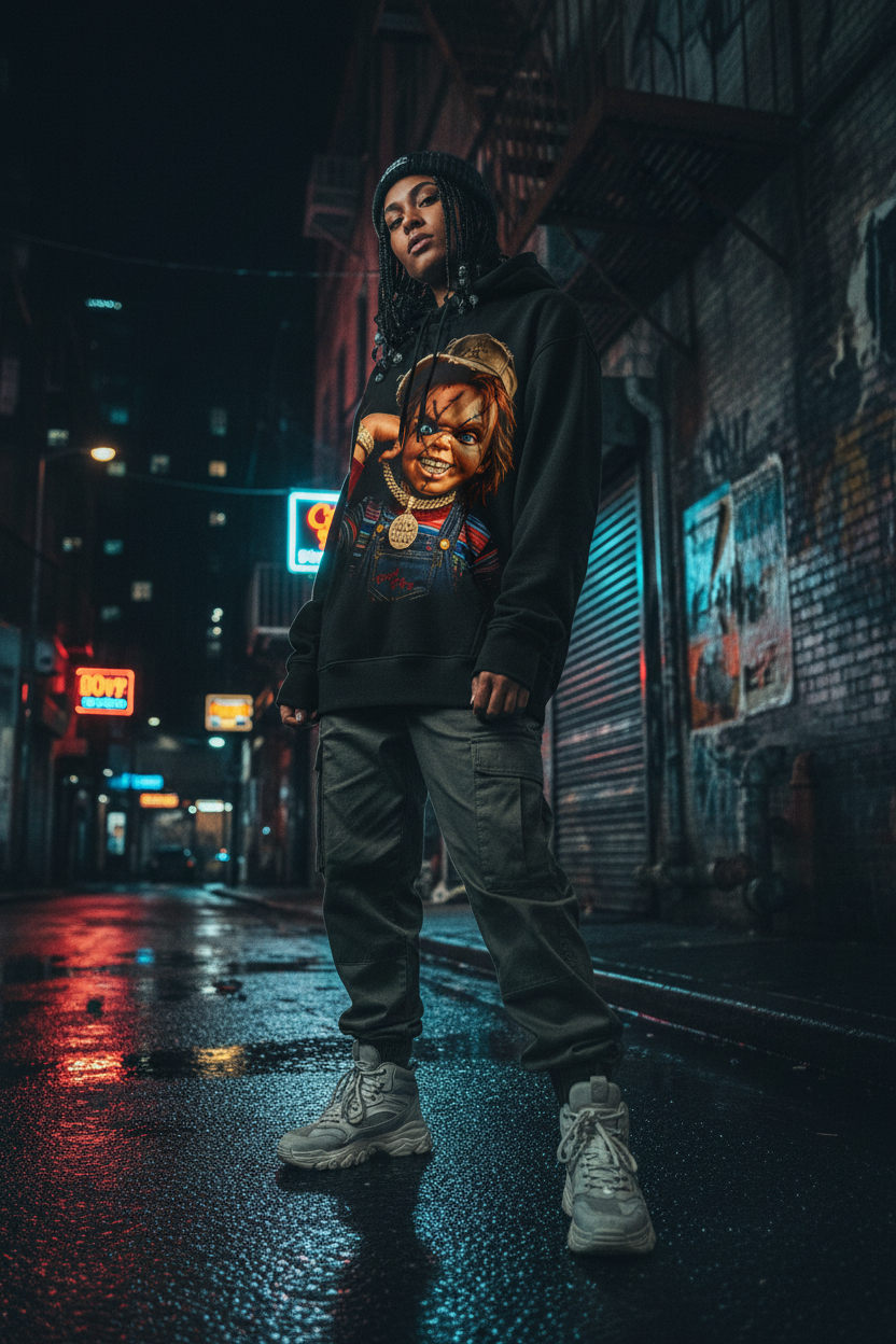 Female street model - Chucky Still Playin' Hoodie