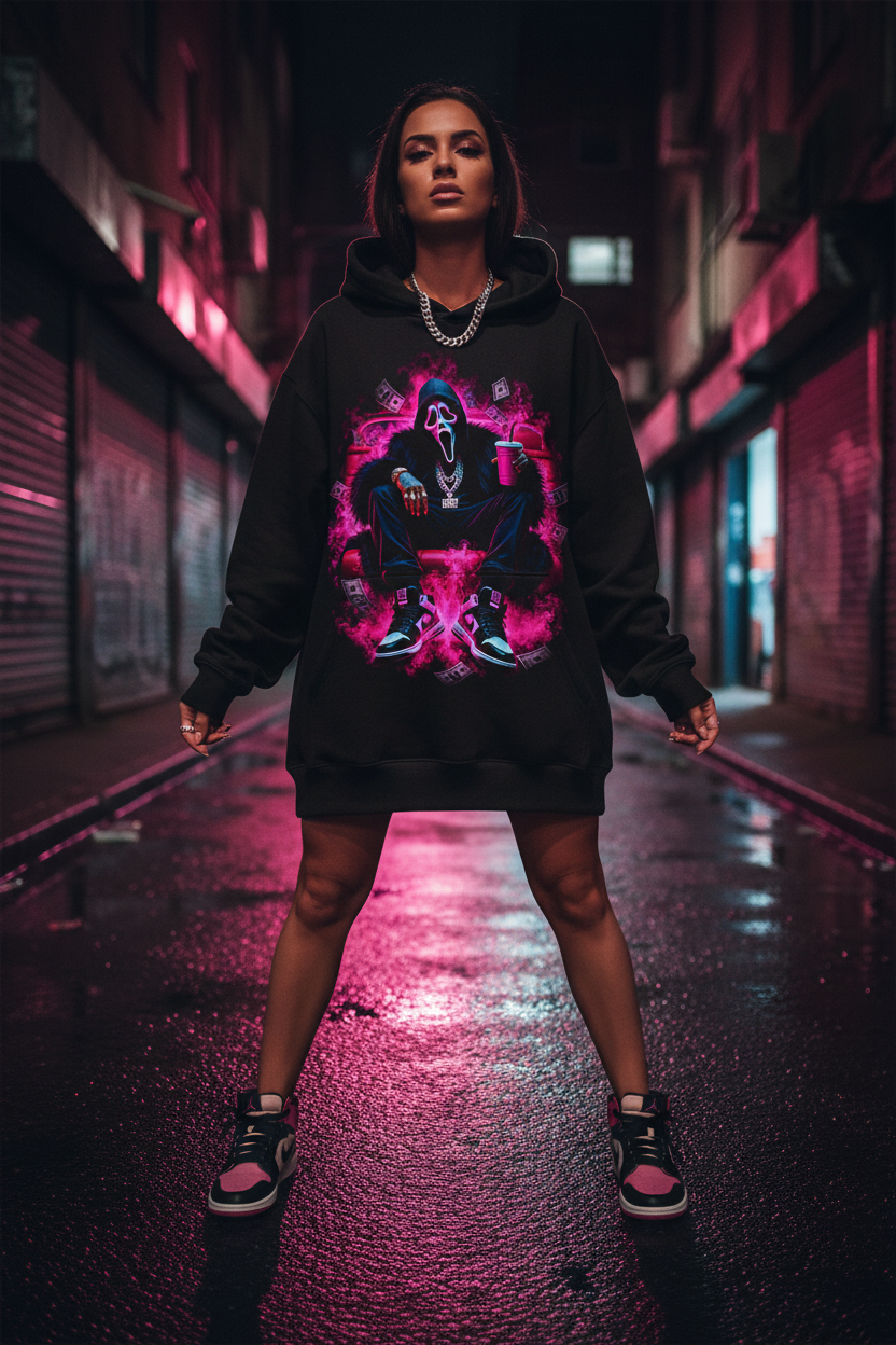 Female model wearing The Daily Dead Ghostface Boss Mode hoodie