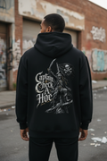 Male model showing the large pirate back artwork on the Captain Check A 304 Hoodie