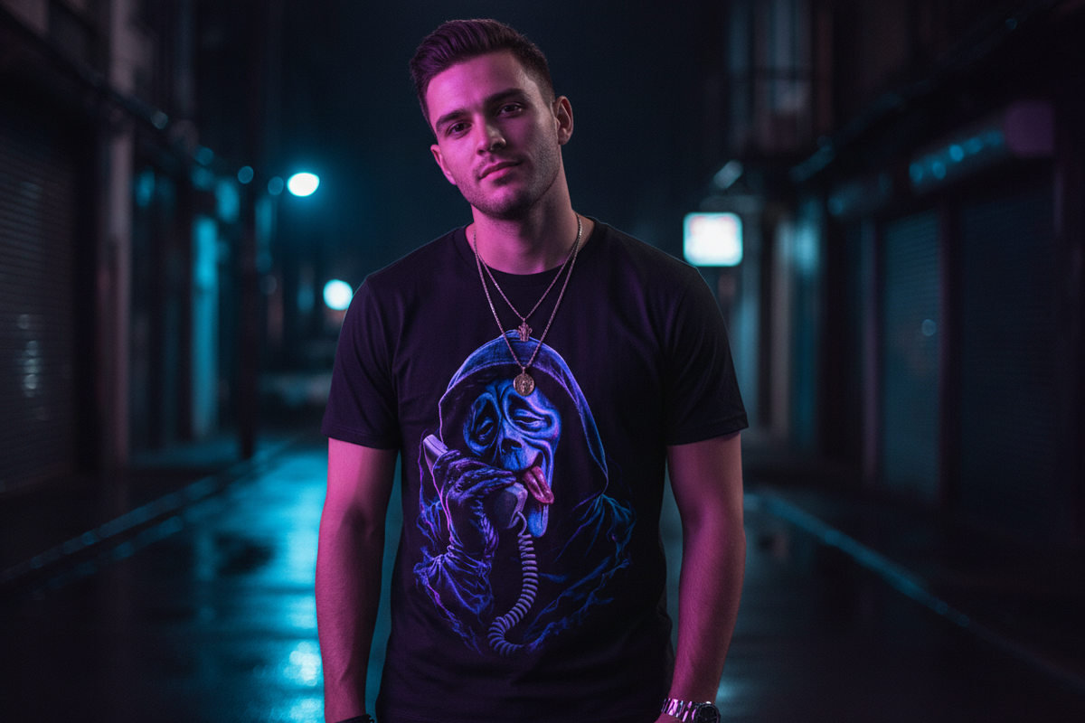 Male model wearing The Daily Dead Ghostface Drunk Dial tee