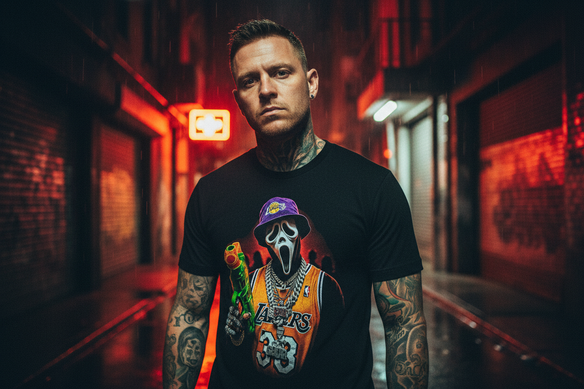 Male model wearing The Daily Dead Ghostface Court Side tee