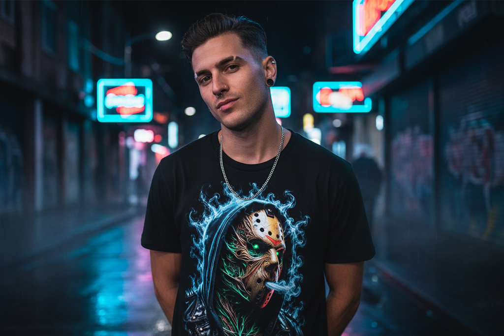 Male model wearing The Daily Dead Jason Neon Reaper tee