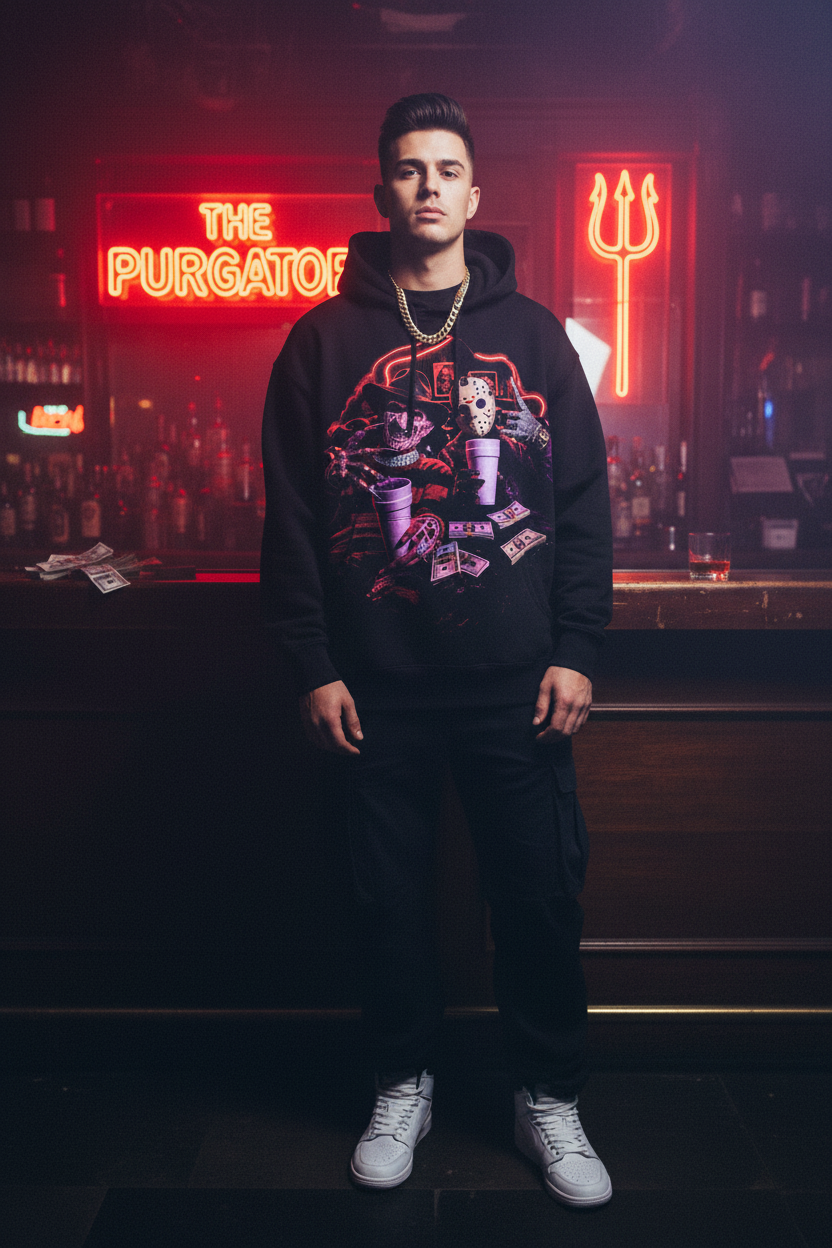 Male model wearing The Daily Dead Freddy and Jason Last Call hoodie