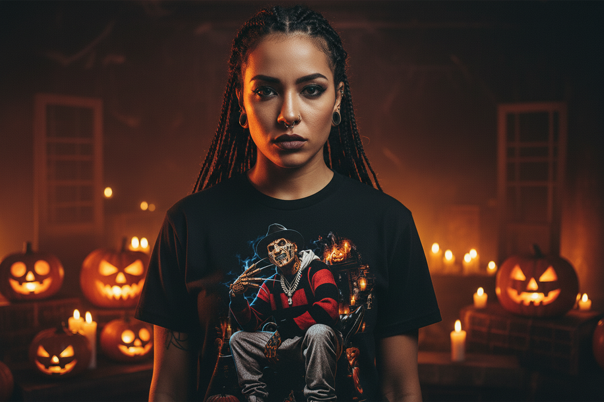 Female model wearing The Daily Dead Freddy Pumpkin Patch tee