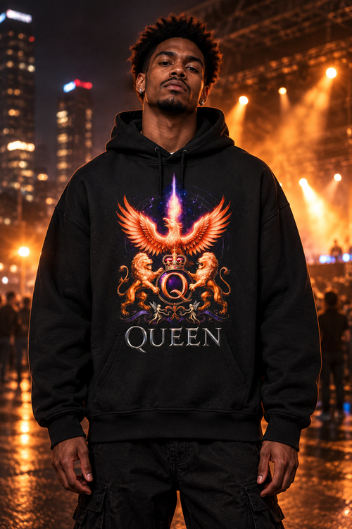 Male model wearing an oversized black Queen hoodie with fiery phoenix and royal crest graphic
