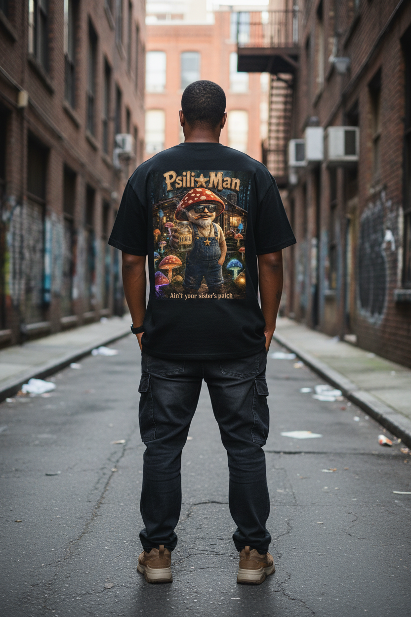Male model showing the large Psili Man Hill Billy back artwork