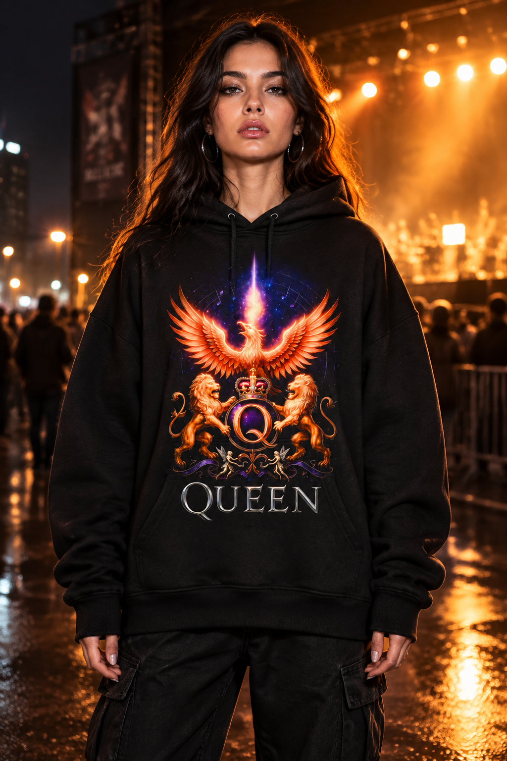Female model wearing an oversized unisex black Queen hoodie with phoenix, crown, and lions graphic