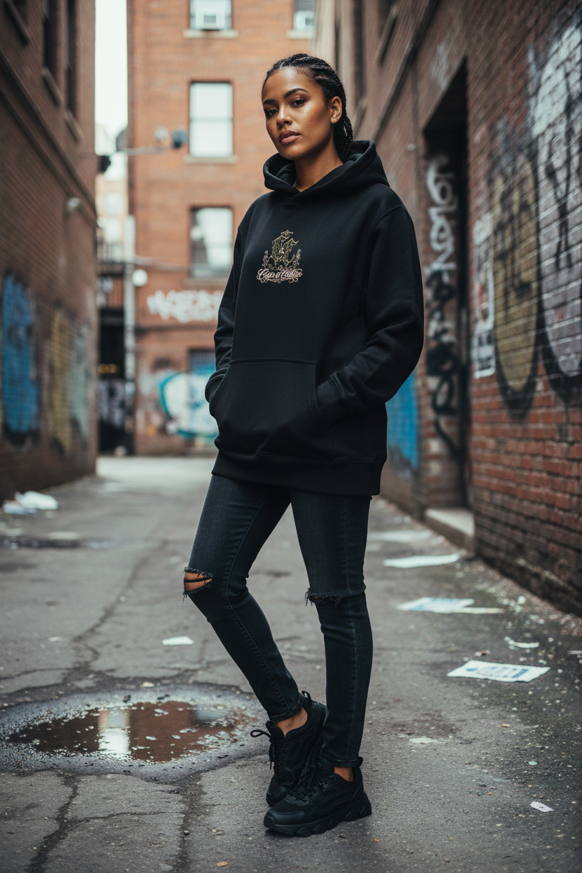 Female model showing the small front logo on the Fuck Em Hoodie