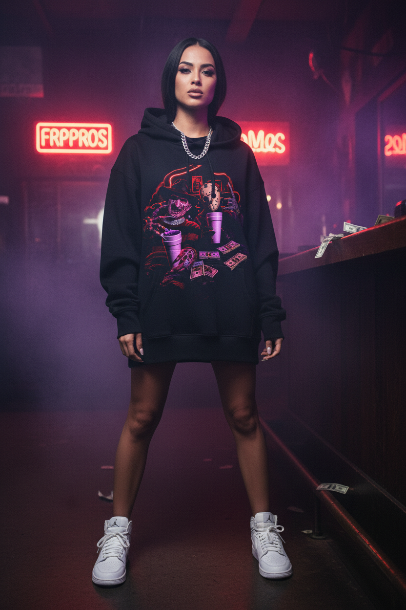 Female model wearing The Daily Dead Freddy and Jason Last Call hoodie