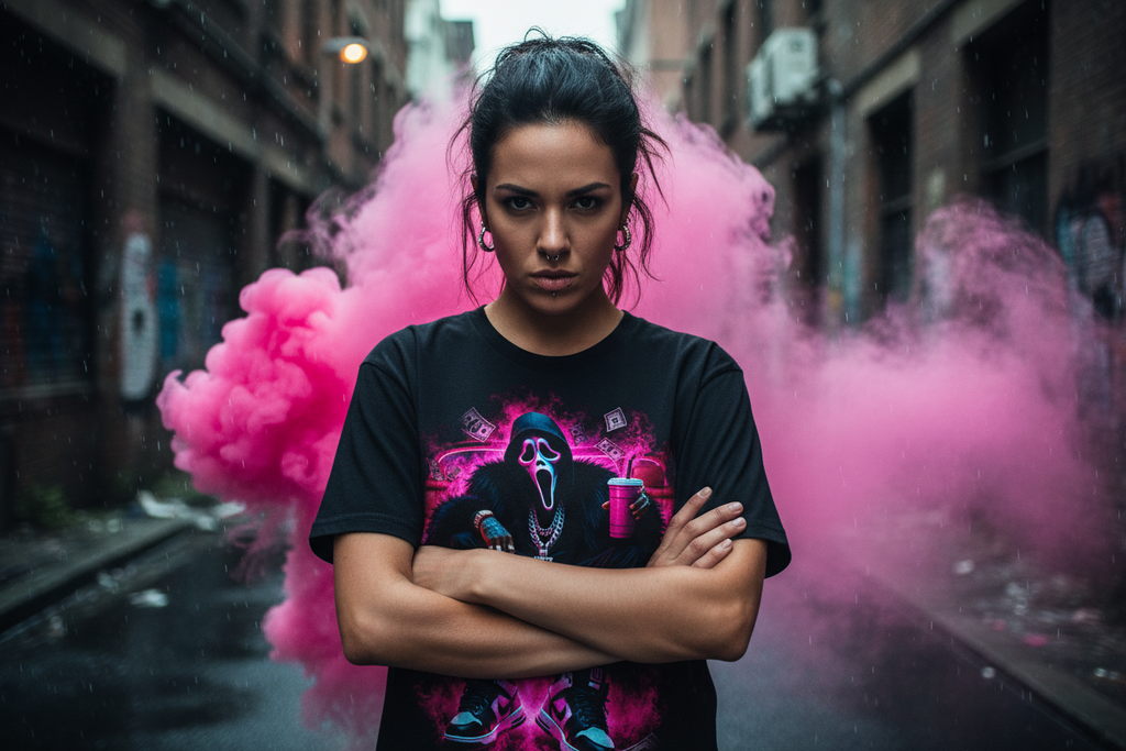 Female model wearing The Daily Dead Ghostface Boss Mode tee