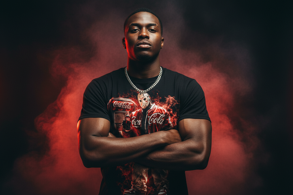 Black male model wearing The Daily Dead Jason Share a Coke tee