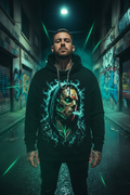 Male model wearing The Daily Dead Jason Neon Reaper hoodie