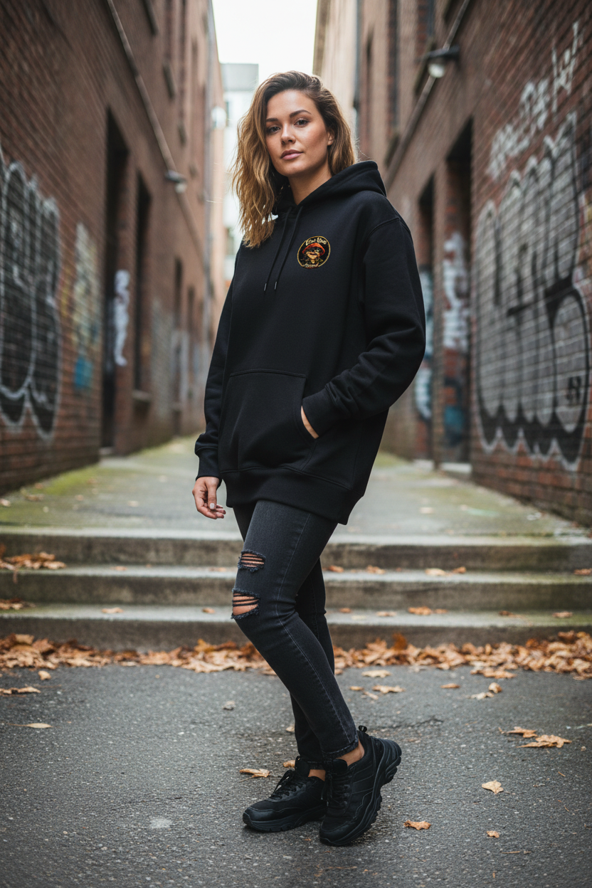 Female model showing the centered Uncle Hoss Apparel patch on the Psili Man Breaking Bad Hoodie