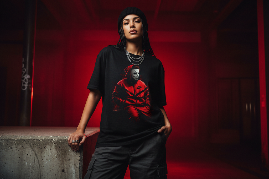 Female model wearing The Daily Dead Michael Myers Killer in Red unisex tee