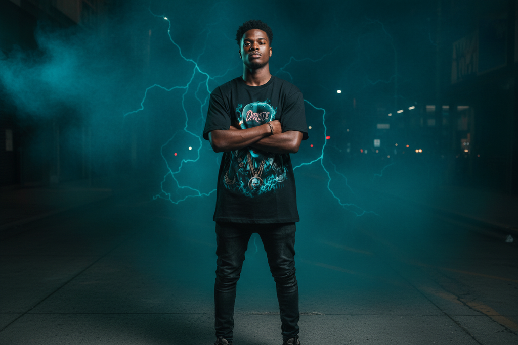Black male model wearing The Daily Dead Pennywise Darkside tee