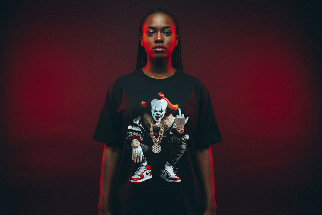 Female model wearing The Daily Dead Pennywise Float This unisex tee