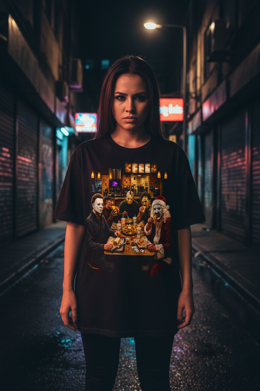 Female model wearing The Daily Dead Taco Hell tee