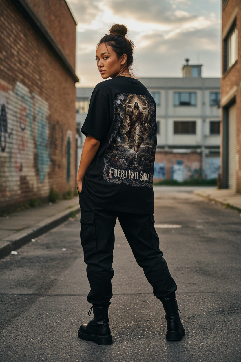 Female model wearing the Every Knee Shall Bow tee