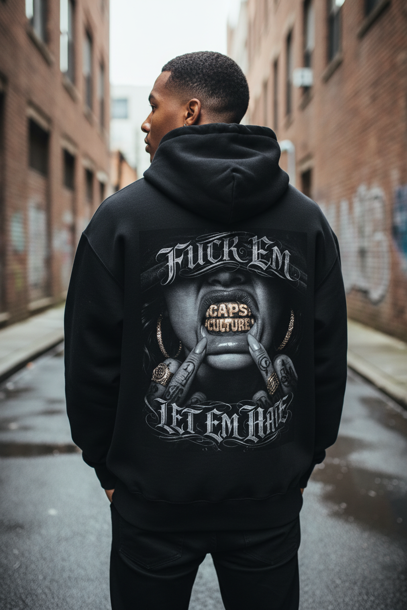 Male model showing the large Fuck Em back print on the hoodie