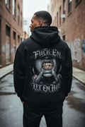 Male model showing the large Fuck Em back print on the hoodie