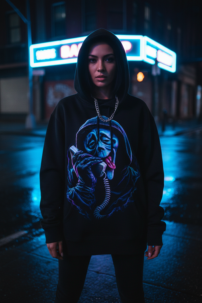 Female model wearing The Daily Dead Ghostface Drunk Dial hoodie