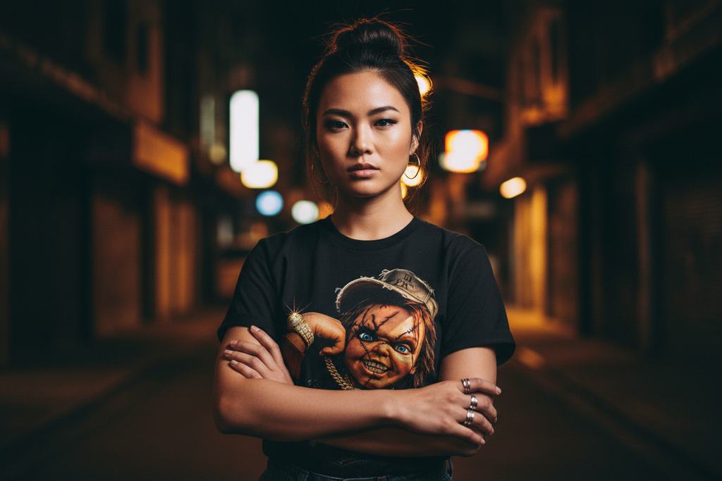 Asian female model wearing The Daily Dead Chucky Still Playin tee