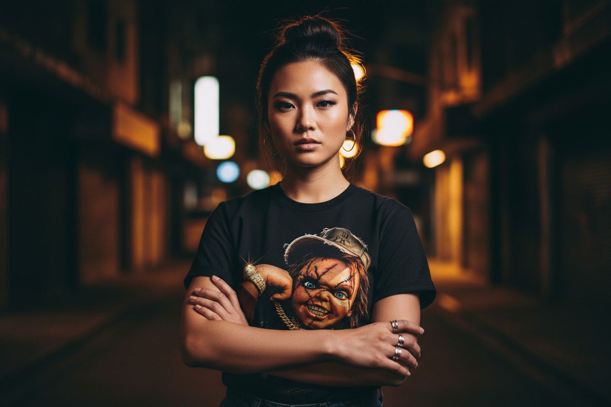 Asian female model wearing The Daily Dead Chucky Still Playin tee