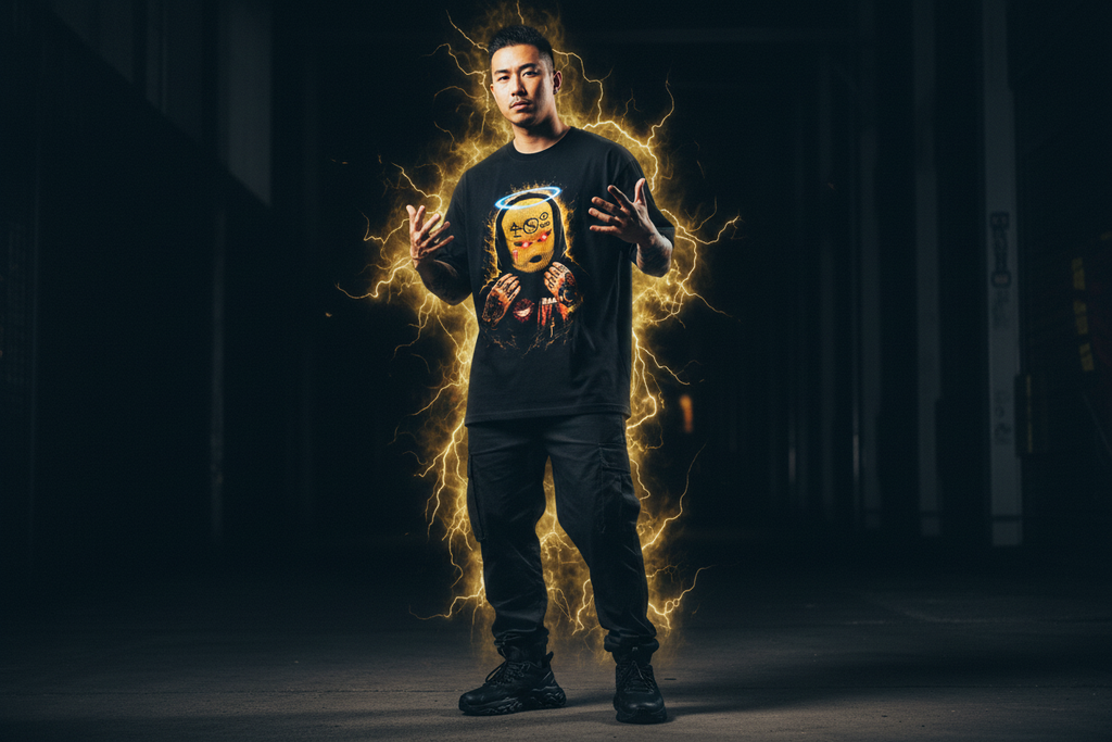 Asian male model wearing Ski Mask Saint tee