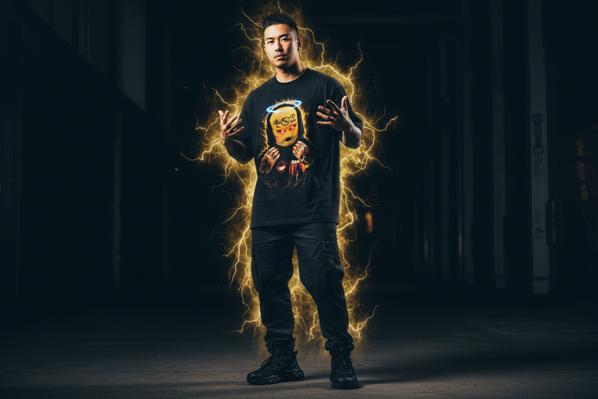 Asian male model wearing Ski Mask Saint tee
