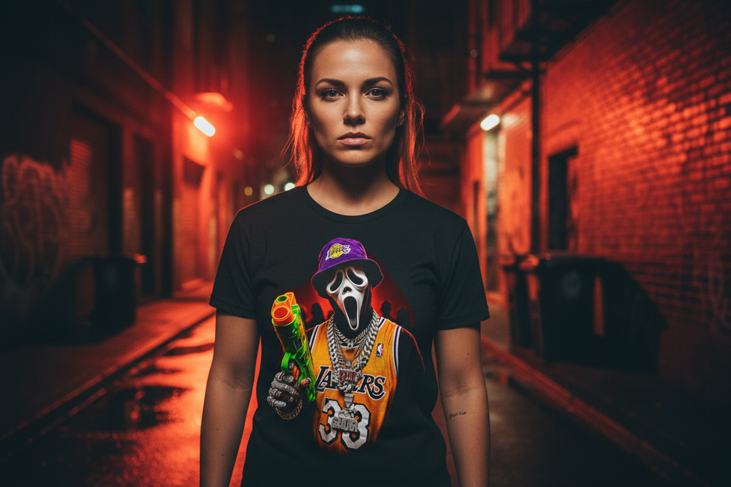 Female model wearing The Daily Dead Ghostface Court Side tee
