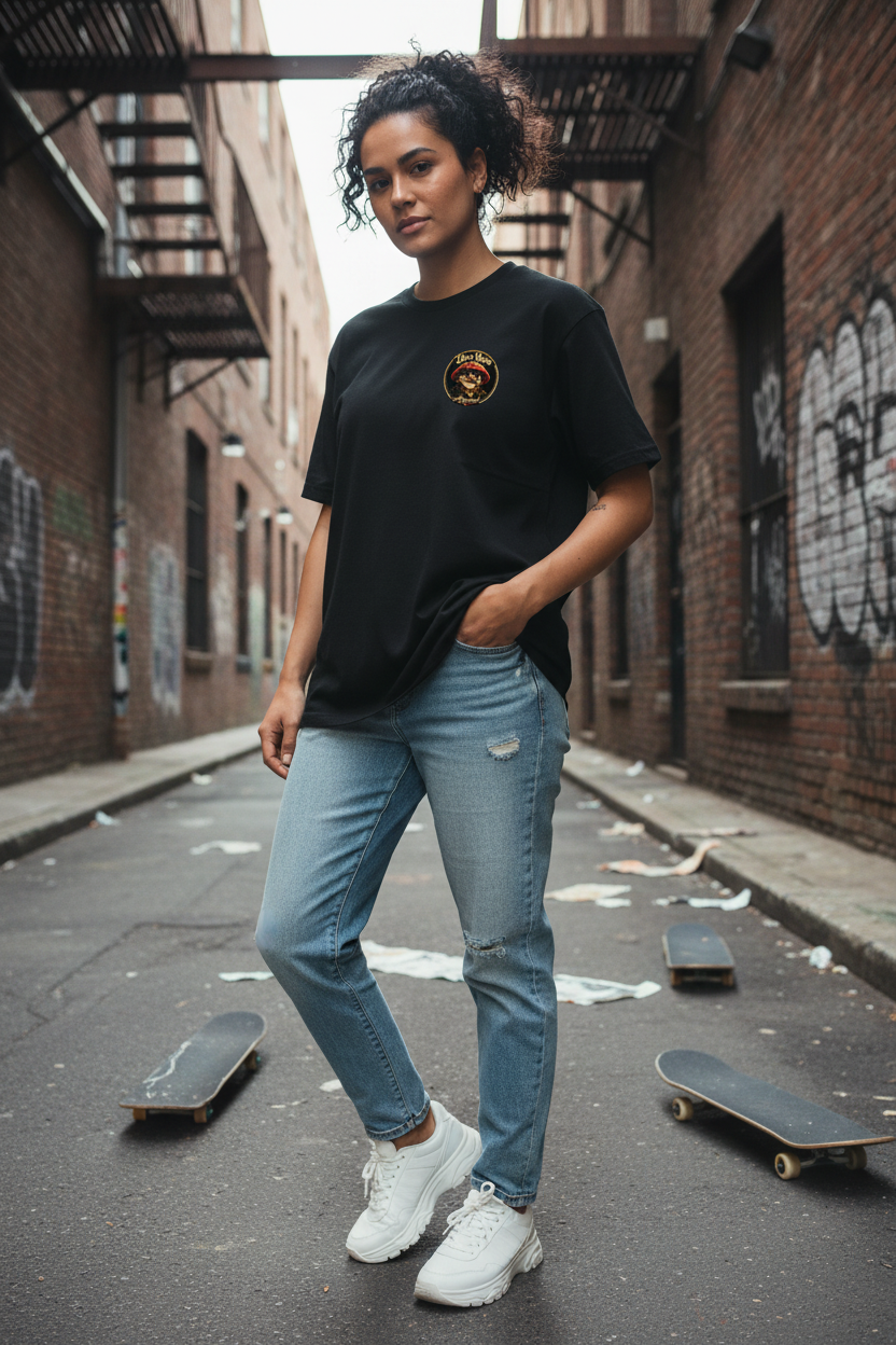 Female model showing the centered Psili Man patch on the Psili Man Lego tee