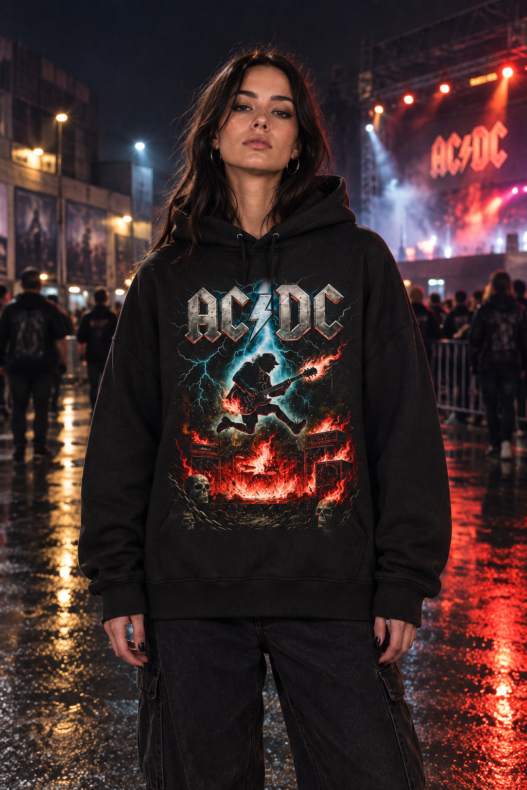 Female model wearing an oversized unisex black AC/DC hoodie with guitarist and fire artwork