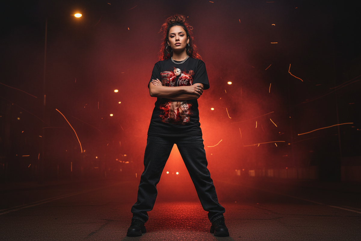Latina female model wearing The Daily Dead Jason Share a Coke tee