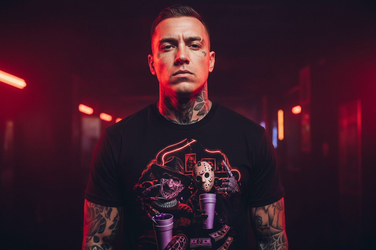 Male model wearing The Daily Dead Freddy and Jason Last Call tee
