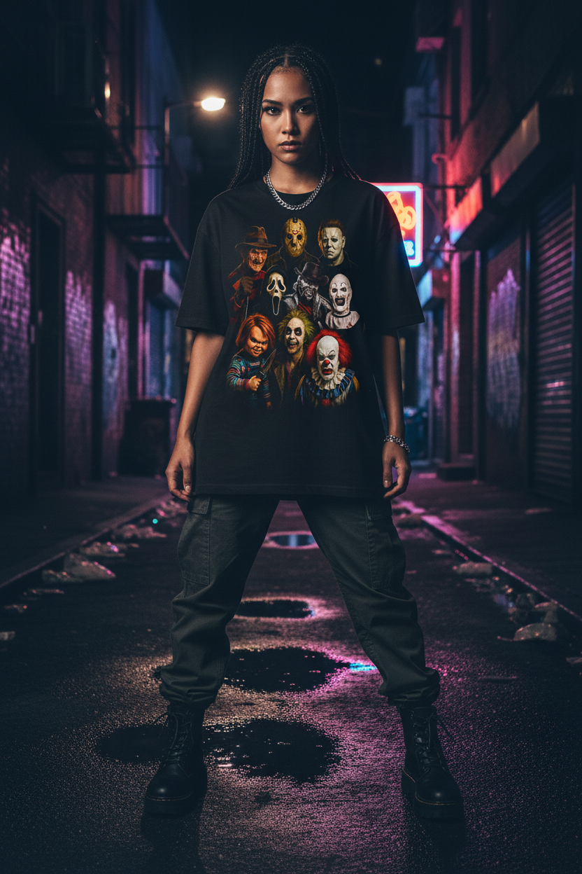 Female model wearing The Daily Dead Legends tee