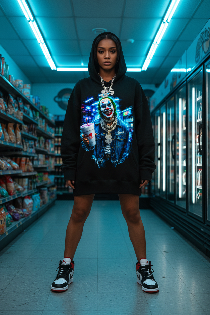 Female model wearing The Daily Dead Joker Why So Dripped hoodie