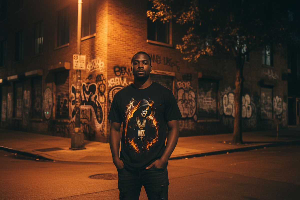 Black male on city street wearing The Daily Dead Michael Myers Hood Forever tee — full print scale