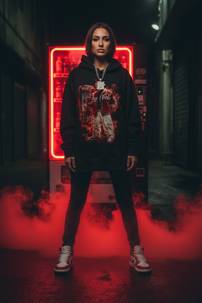 Female model wearing The Daily Dead Jason Share a Coke hoodie