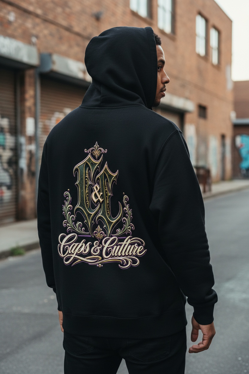 Male model showing the large back logo on the C&C Logo Hoodie