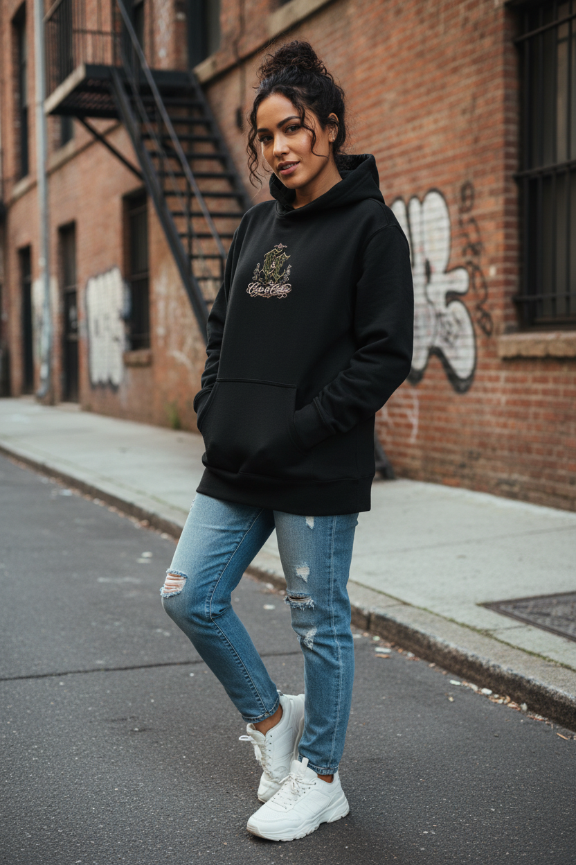 Female model showing the small front logo on the Every Knee Shall Bow Hoodie