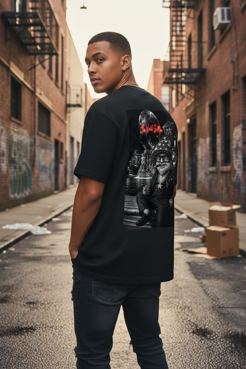 Male model showing the large The World Is Mine back artwork