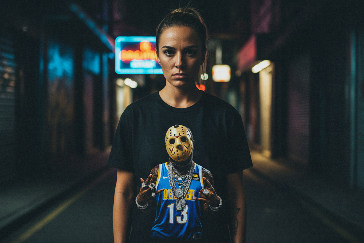 Female model wearing The Daily Dead Jason Mile High tee